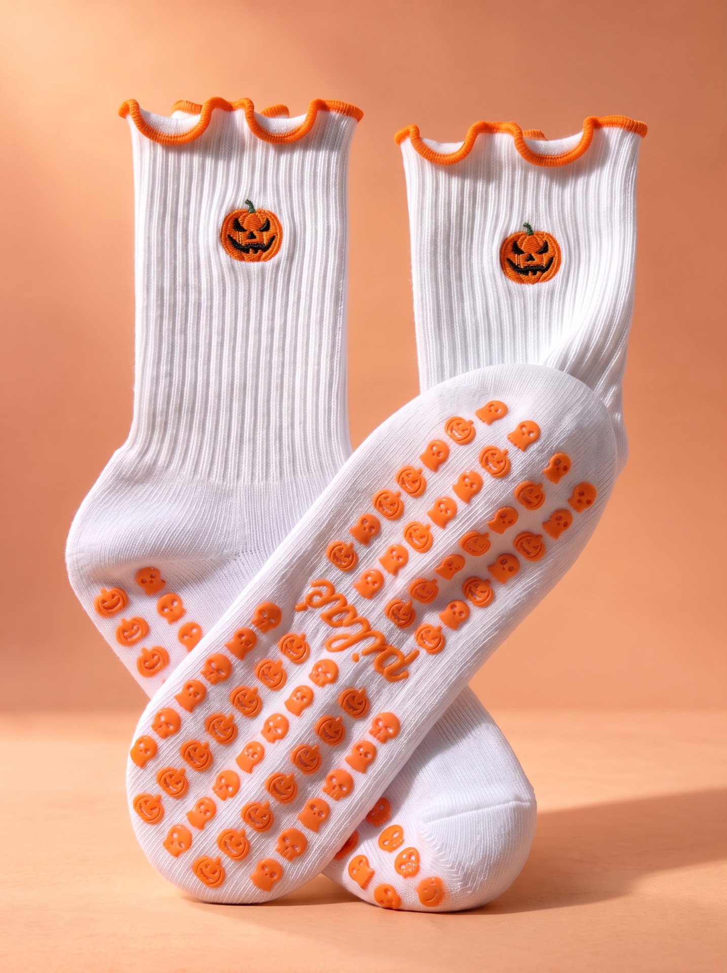 Paire de chaussettes Pilaé Citrouille avec citrouille brodée et picots orange