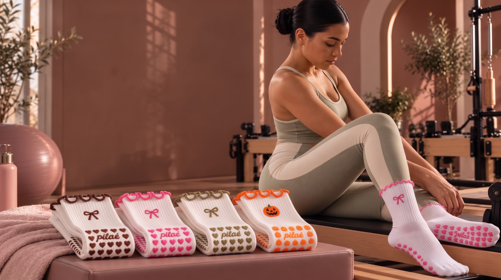 Femme assise sur un reformer, les quatre coloris de chaussettes Pilaé alignés sur un pouf rose